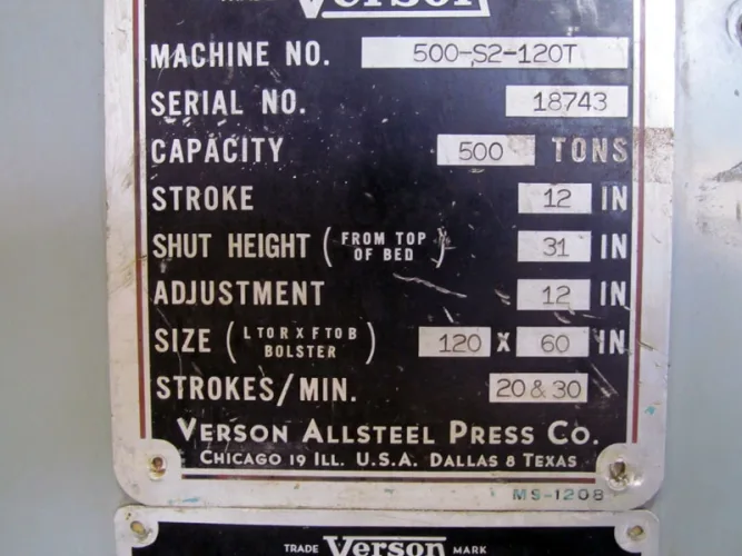 Photo #6 of NO RESERVE AUCTION! 500-TON VERSON MDL: 500-52-120T STRAIGHT SIDE PRESS