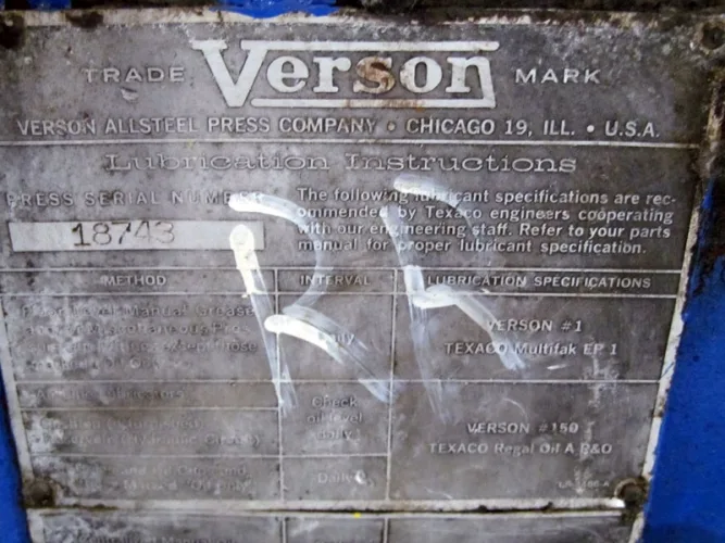 Photo #23 of NO RESERVE AUCTION! 500-TON VERSON MDL: 500-52-120T STRAIGHT SIDE PRESS