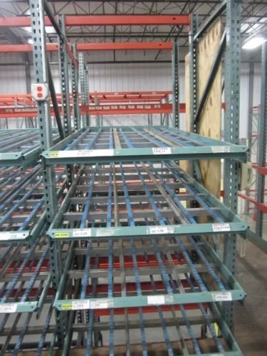 Photo #23 of APPROX. (640) SECTIONS OF INTERLAKE 30 TEARDROP PALLET RACKING & GRAVITY FLOW RACKING, INCLINE & DECLINE BELTED & POWERED ROLLER CONVEYORS, (10) CROWN ORDER PICKERS, REACH TRUCKS & ELECTRIC TRUCKS, (9) VARIOUS BATTERY CHARGERS & SPARE BATTERIES & MUCH
