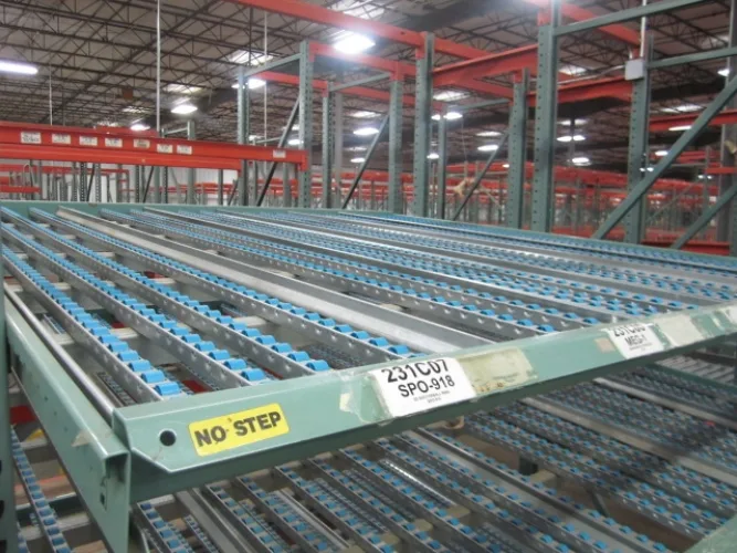 Photo #25 of APPROX. (640) SECTIONS OF INTERLAKE 30 TEARDROP PALLET RACKING & GRAVITY FLOW RACKING, INCLINE & DECLINE BELTED & POWERED ROLLER CONVEYORS, (10) CROWN ORDER PICKERS, REACH TRUCKS & ELECTRIC TRUCKS, (9) VARIOUS BATTERY CHARGERS & SPARE BATTERIES & MUCH